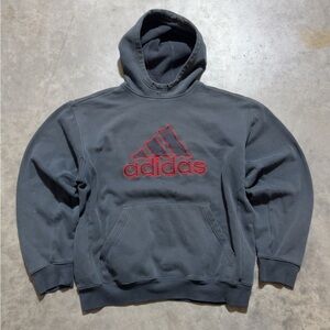 Y2K Adidas Men's Charcoal Hoodie with Crimson Logo